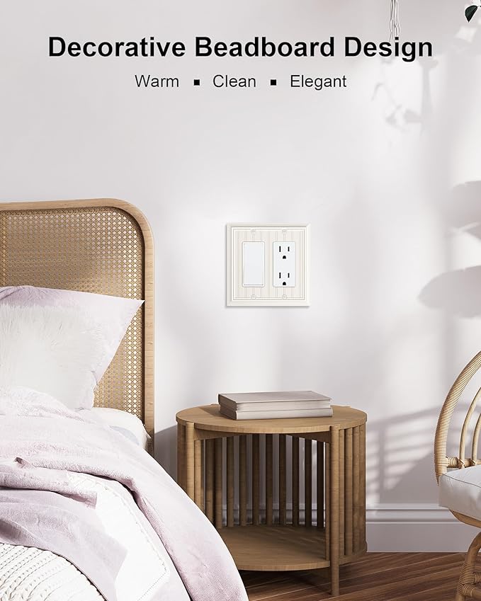 2-Pack Classic Beadboard Decorative Double Decorator Outlet Cover Plate, Light Almond Durable Natural Bamboo Fiber Wall Plates for Electrical Outlets, Receptacle, GFCI Outlet, Dimmer Switch, 2-Gang