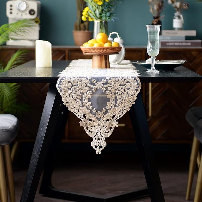 SUTAVIA Lace Table Runner 12"×84" Gold Embroidered Dresser Scarf | Classic by SUTAVIA