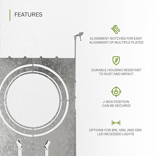 ASD New Construction Mounting Plate with Round Holes 8-10-12" - Adjustable LED Recessed Lighting Housing with Extendable Hanger Bars, Shallow Wafer Light Bracket, Mounting Kit with Notches, 12 Pack