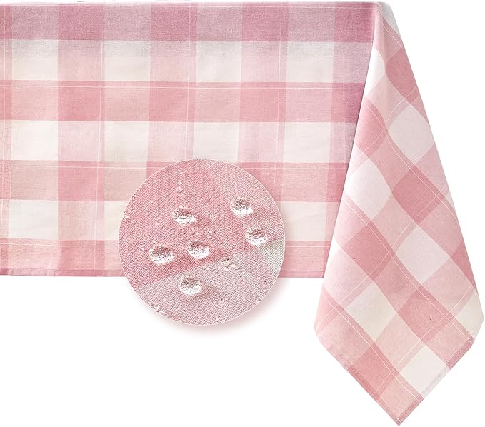 BALCONY & FALCON Rectangle Gingham Table Cloth – Water-Resistant Cotton Blend Washable Checkered Tablecloth for Valentine，Outdoor Picnic, Camping, Kitchen, Party Decor (Pink White, 55x95 Inch)