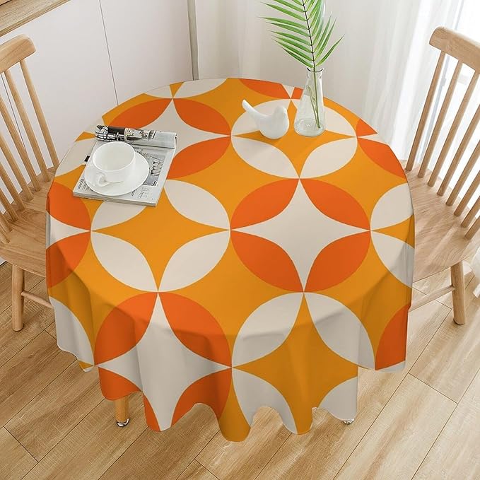 Retro Mid Century Round Tablecloth, Abstract Geometric Mid Century Colorful Pattern Print Tablecloth for Home Party Dining Room Kitchen Decor 60Inch(152cm)