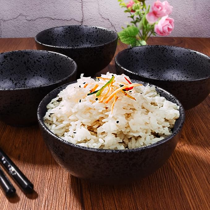 Japanese Rice Bowl Set of 4 Porcelain Sushi Bowls Serving Bowls Speckled Black - Image 3
