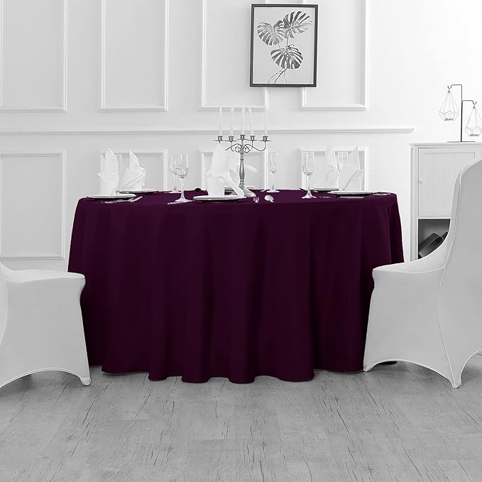 Fokitut 2 Pack Waterproof Round Tablecloth, 132 Inch, Stain Resistant and Wrinkle Polyester Table Cloth, Fabric Table Cover for Kitchen Dining, Wedding, Party, Holiday Dinner-Eggplant