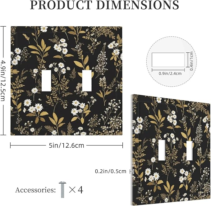 Decorative Light Switch Cover Black/Gold Boho Botanical Floral Rustic Flowers 2 Gang Wall Plate Double Toggle Switch Plate Receptacle Electrical Outlet Cover Switchplate for Bathroom Kitchen（2 Pack）