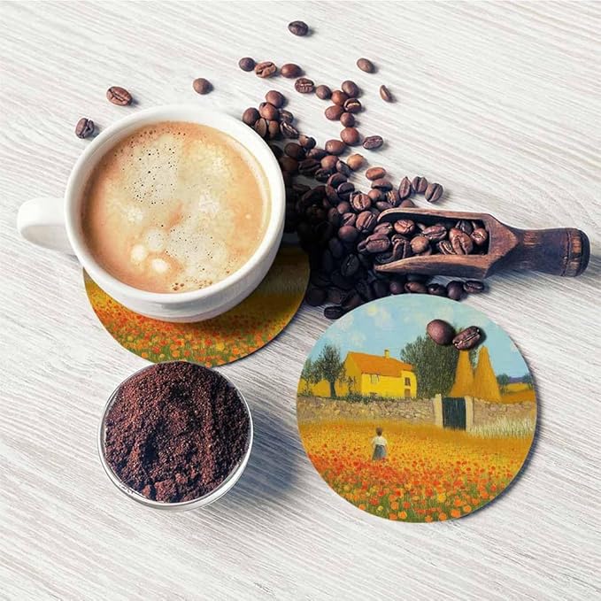 Farmhouse Coasters for Drinks 2 Pack Harvest Season Oil Painting House Farm Village Life with Sunflower Tabletop Protection Kitchen and Coffee Table Décor & Accessories,Set of 2