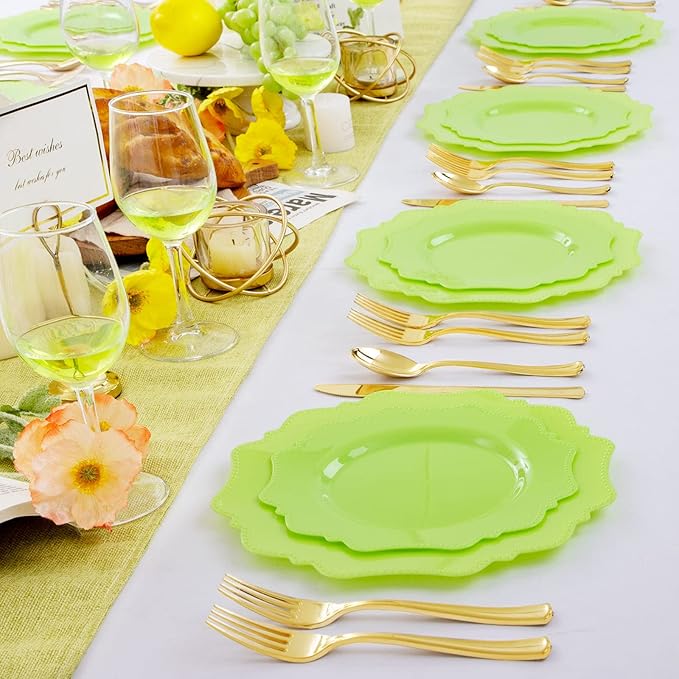 COLOSUS Disposable Cristmas Plastic Plates 60Pcs, Light Green Party Plates, Heavy Duty 30 Dinner plate 10.5" and 30 Salad/Dessert Plate 8.25" for Easter Party Dinner