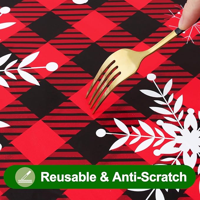 Smiry Plastic Christmas Tablecloth, Buffalo Plaid Waterproof Elastic Fitted Table Covers, Wipeable Flannel Backed Vinyl Tablecloths for Dinner, and New Year Celebration (Black & Red, 30x96 Inches)