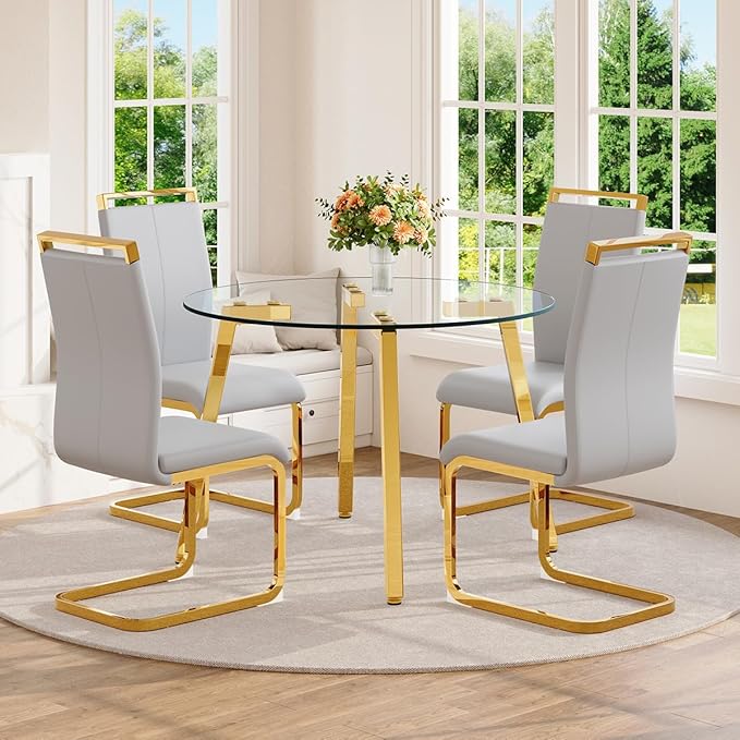 42" Round Glass Dining Table Set for 4,Modern Breakfast Table Set for 4 with Luxury Gold Chrome Legs,Space Saving Kitchen Table and Light Grey Chairs for Apartment,Easy Assembly