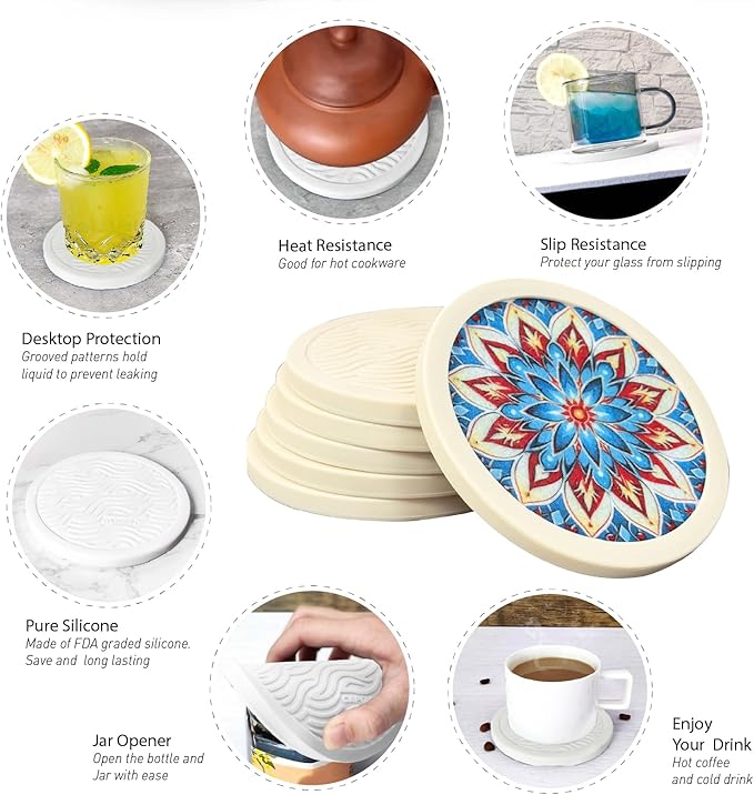 Mandala Non-Slip Silicone Coasters, 4-Pack Double-Sided Absorbent Cup Mats for Hot & Cold Drinks, Scratch & Water Ring Protection for Wood Tables, Home Office Bar Use (6PC Wanda La)