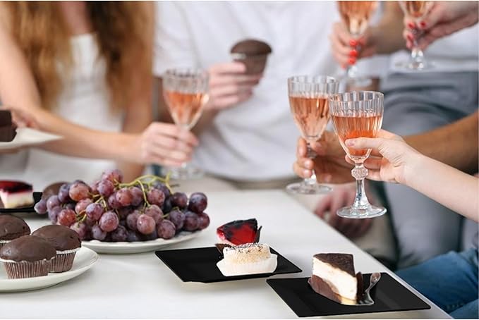 Exquisite Mini Disposable Appetizer Plates - 100 Pack 4.5 In. x 4.5 In. Black Plastic Dessert Plates - Elegant Design for Weddings, Birthdays, and Formal Parties - Stackable and Convenient - BPA Free