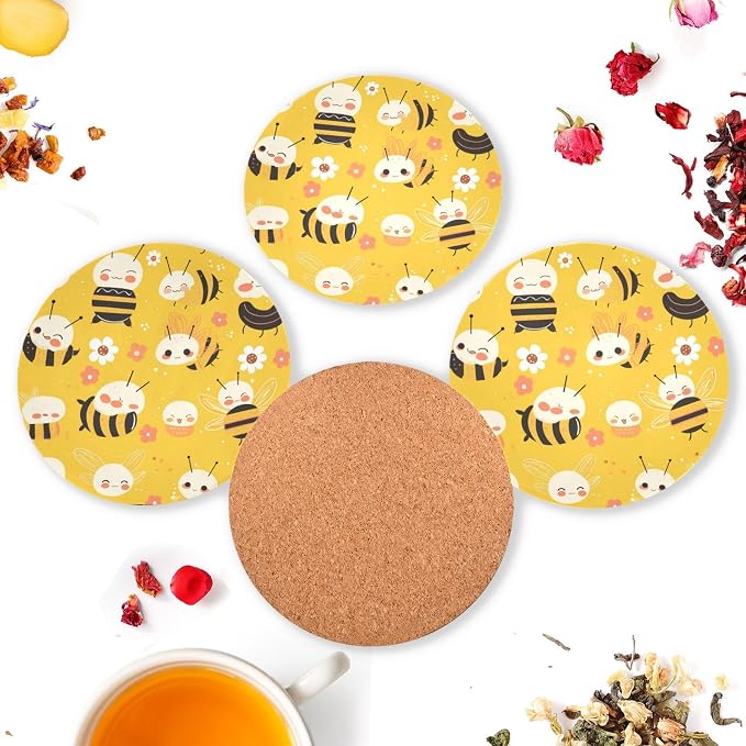 Bees on Yellow 4 Pcs Aesthetic Coasters Cork Tripod, Thermal Pad - Image 6