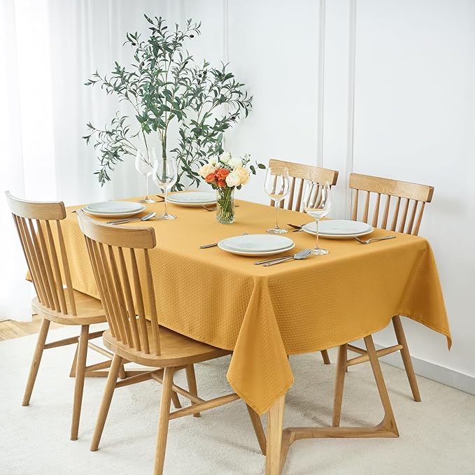 maxmill Weaved Texture Tablecloth Water Resistance Antiwrinkle Spillproof Soft Washable Table Cloth for Dining Room, Buffet Banquet Parties Holiday Dinner, Rectangular 70 x 108 Inch, Ochre Yellow