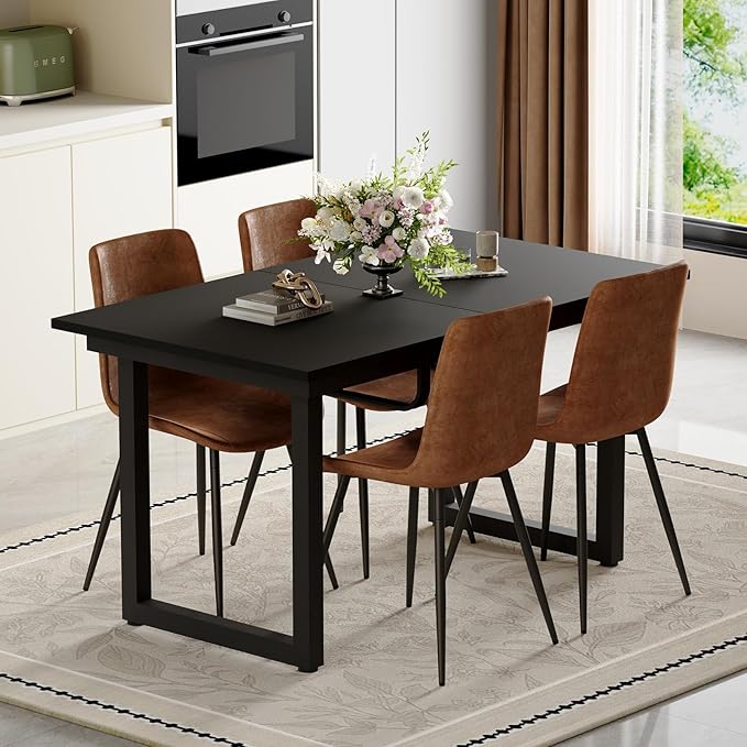 Extendable Dining Table Set for 8, 55"–71" Modern Black Kitchen Table with 8 Upholstered Chairs, Space-Saving for Living Room Apartment, Sturdy & Comfortable, Easy Assembly
