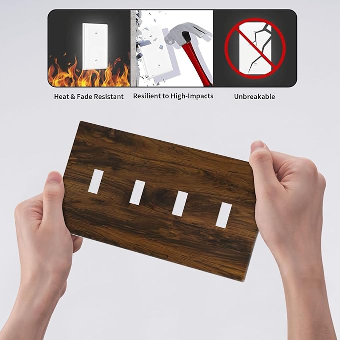Light Switch Cover Brown Rustic Wood Grain Vintage Wooden Texture 4 Gang Switch Plate Quad Toggle Wall Plates Decorative Switchplate Electrical Outlet Cover for Cabin Bedroom Decor