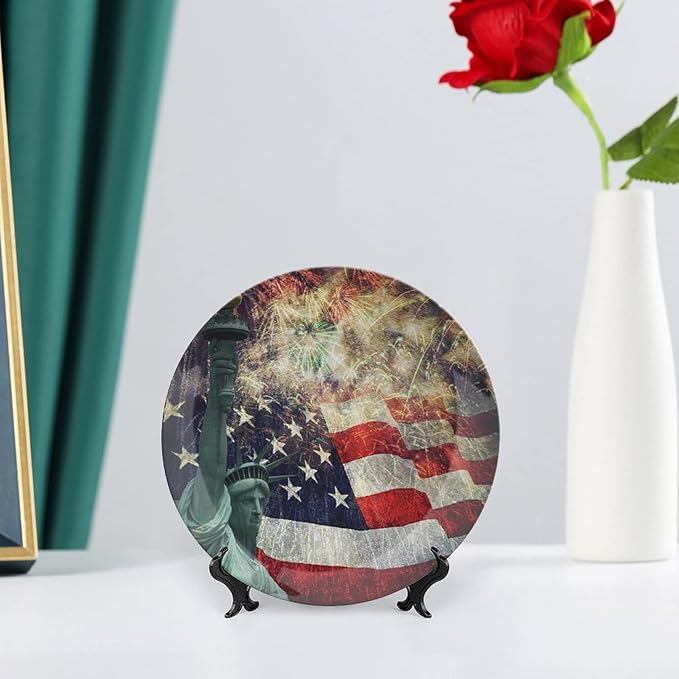 Decorative Plates, American Flag Print Ornament, Fireworks 4th of July, 7 Inch, 1 Plate with 1 Display Stand, Multicolor