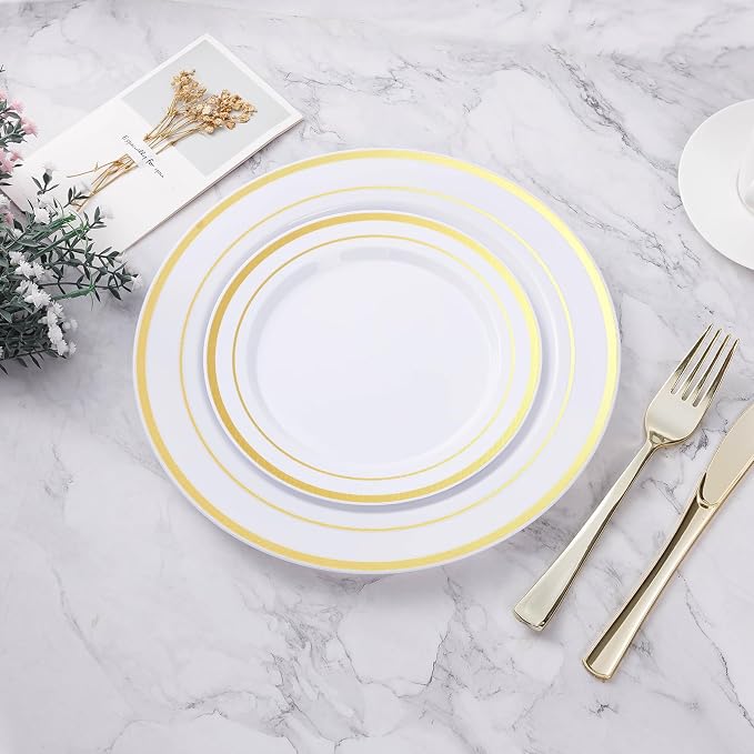 BESTVIP 100Pcs Gold Plastic Plates, 10.25 Inch Disposable Dinner Plates | Heavy - Image 5