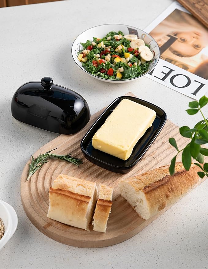 Sweejar Ceramic Butter Dish with Lid for Countertop,Porcelain Butter Keeper with Knob Handle,Butter Container for East/West Coast Butter, 7.1*3.7 inches (Black)