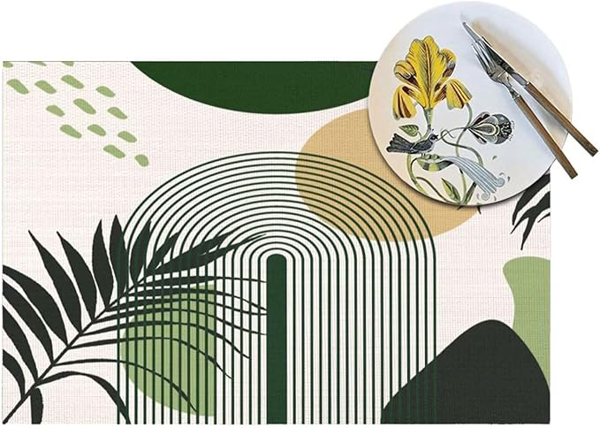 Boho Mid Century Sun Placemats Printed Modern Rainbow Leaves Green Design Washable Place Mats 12x18Inch for Dining Kitchen Farmhouse Decor 6 PCS