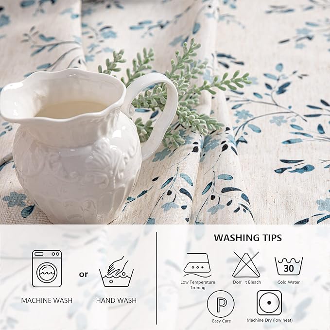 MYSKY HOME Rectangle Table Cloth 60x84 Inch - Spring Summer Floral Tablecloth, Waterproof Linen Fabric Oblong Table Cloth for Kitchen Dining Tablecloth for 4 Feet Table Blue, Small Blue Flower Design