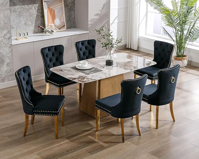 KCC Velvet Dining Chairs Set of 4, Upholstered High-end Tufted Dining Chair with Nailhead Back Ring Pull Trim Stainless Steel Legs, Contemporary Nikki Collection Modern Style for Kitchen, Black