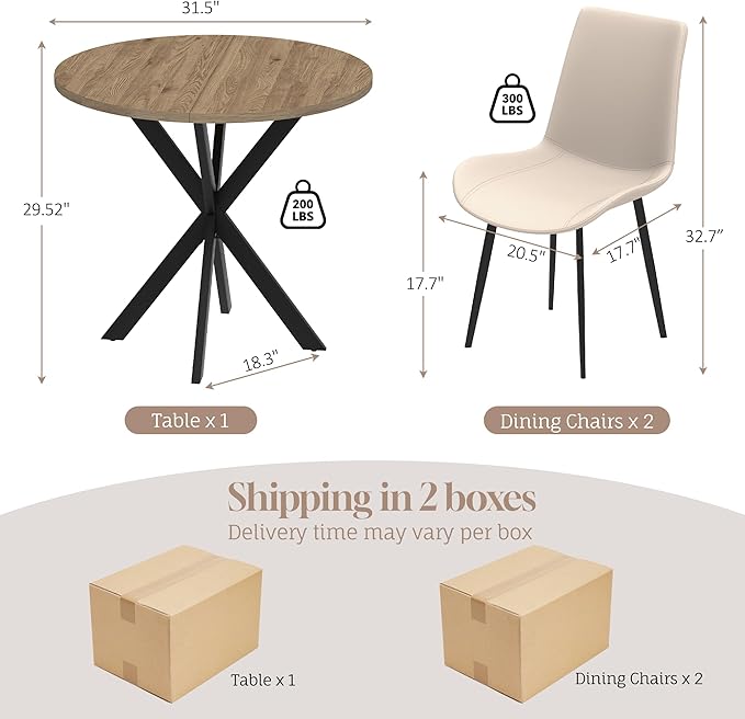 31.5" Round Dining Table and Chairs Set for 2, Small Dining Table Chairs Set Space-Saving, Round Table Set with Upholstered Chairs for Kitchen Dining Room Apartment(Natural + Beige)