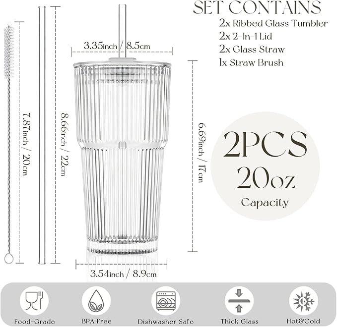 KEMORELA 20oz Ribbed Glass Tumblers - Image 3