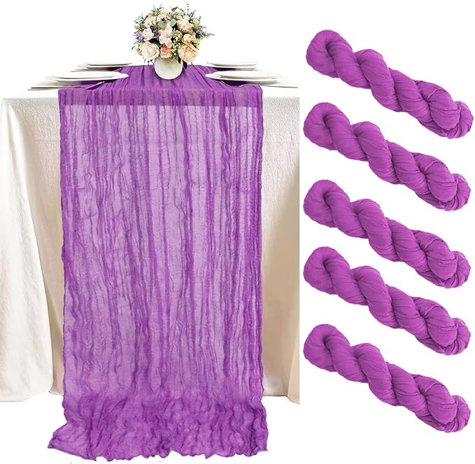 FUHSY 5 Pack 10FT Gazue Cheesecloth Fabric Table Runner Bulk Lilac Rustic Vintage Party Table Runner 36x120 Inch Light Purple Linen Cheese Cloths Table Cloth Romantic Wedding Table Cover Overlay