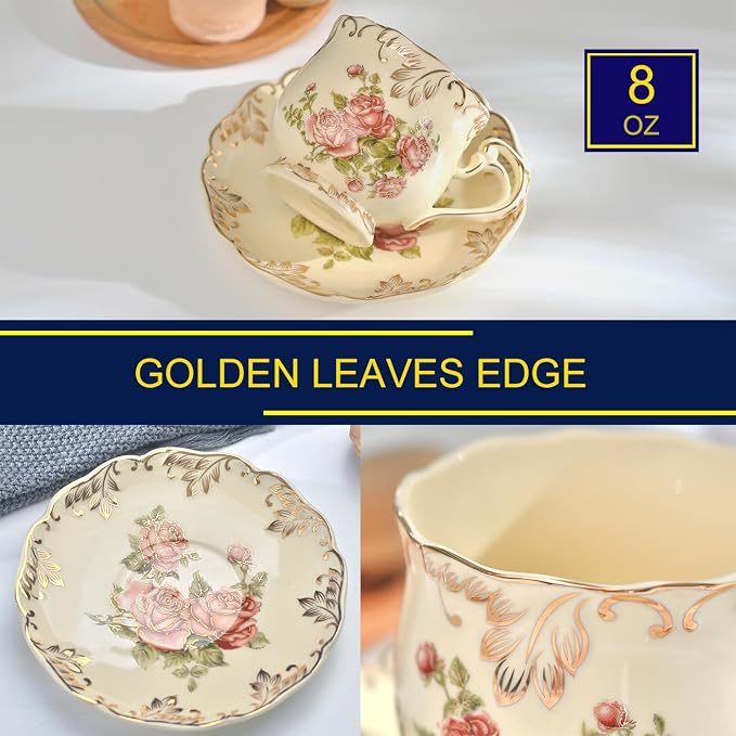 YOLIFE Tea Cups and Saucers Set of 2, 8 OZ Pink Rose Tea Cups Set | Ivory - Image 4