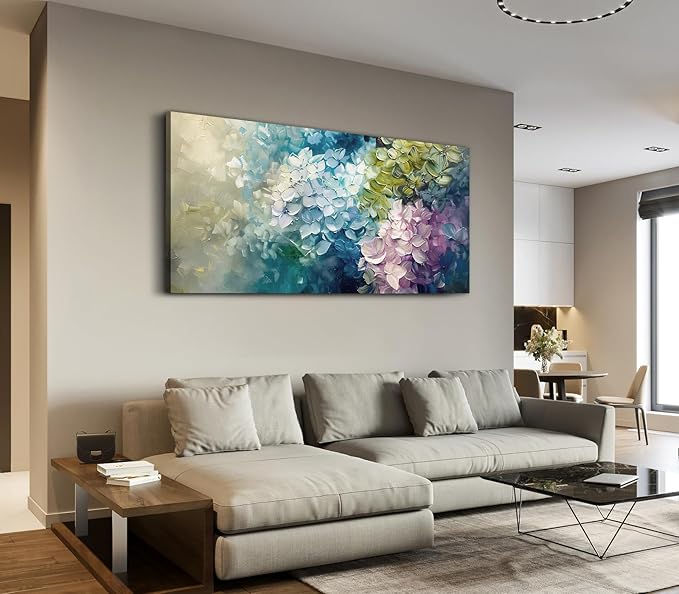 ADJUVANT Wall Art Impressionist Colorful Hydrangea 48" L x 24" W, Vibrant Hydrangea Blooms Canvas Painting Lush Petals Artwork Prints Floral Wall Decor for Living Room Bedroom Dining Room Home Office