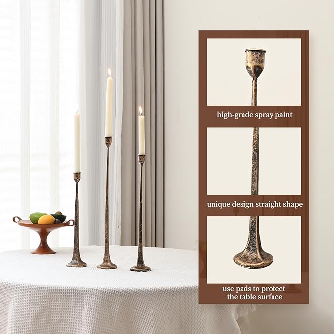 Iron Antique Gold Candlestick Holders, Set of 3 Candle Stick Holders,Fits 3/4 inch Thick Candle&Led Candles, Vintage Modern Decorative Centerpiece for Dining Table Centerpiece, Wedding, Party Decor