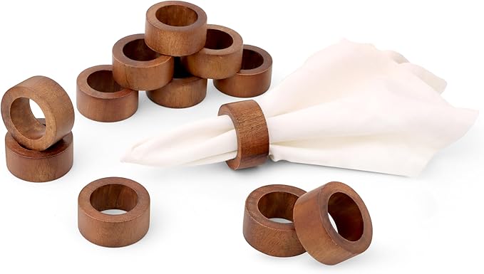 ALPHA Living HOME Handmade Wood Napkin Rings Set of 12 - Dining Table Napkin Holder, Classic Everyday Use Thanksgiving, Christmas Napkin Rings Buckles, Festive Party Gift (Brown)