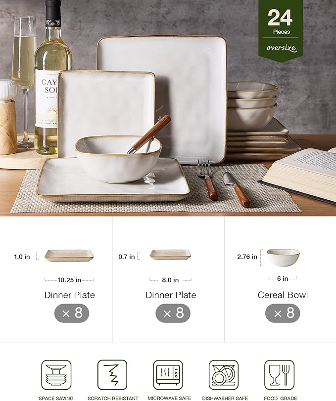 Famiware Dinnerware Sets for 8, Ocean Square 24-Piece Kitchen Plates and Bowls Sets, Microwave and Dishwasher Safe, Scratch Resistant, Cappuccino White