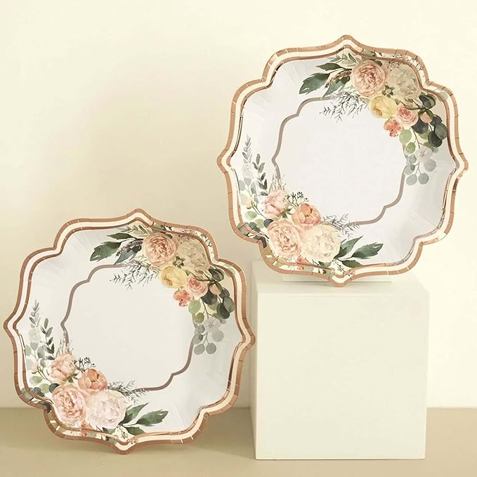 50 Pack 8" White/Rose Gold Floral Print Scallop Rim Dessert Plates, Disposable Round Paper Appetizer Salad Plates 300 GSM for Party Decoration