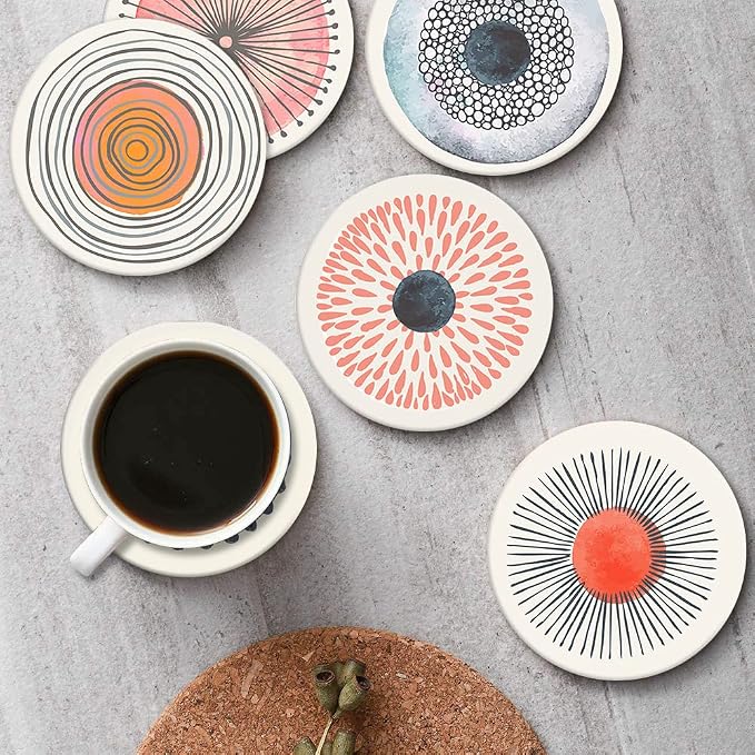 Coasters for Drinks, Ceramic Stone, Flower Circles | Watercolor Doodle - Image 4