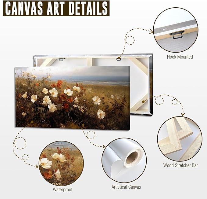 ADJUVANT Wall Art Vintage Coastal Wildflower Field 60"L x 30"W, Seaside Meadow With White And Orange Blooms Canvas Painting Nature Artwork Retro Floral Prints Botanic Wall Decor for Living Room Bedroom
