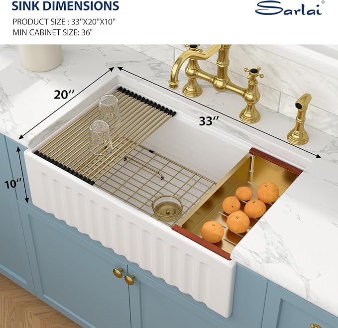 Sarlai White Farmhouse Sink - 33 Inch Farm Kitchen Sink Undermount Workstation Apron Front Reversible Ceramic Fireclay Single Bowl Farmer Sinks Basin 33 x 20 Inch With Gold Accessories