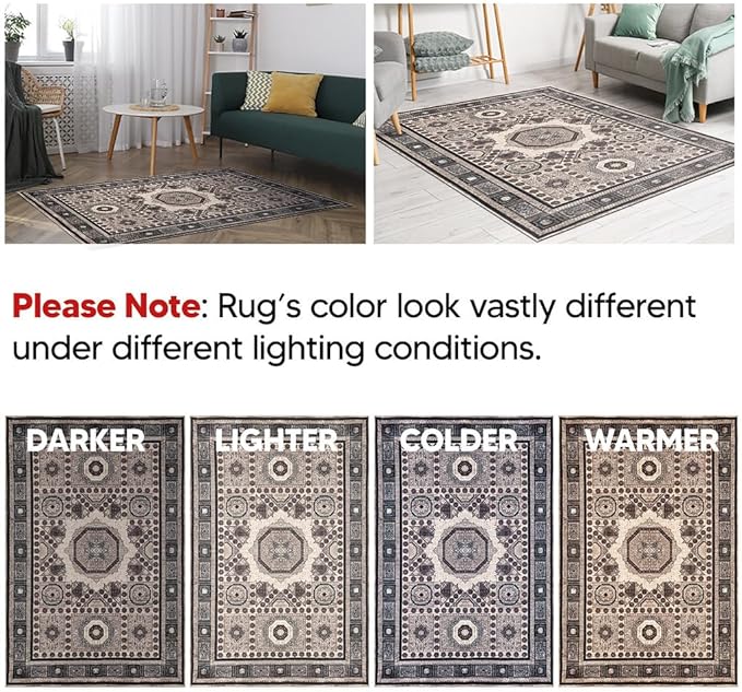 Keen Home Design 8x10 Rug - Machine Washable Area Rug with Non-Slip Backing, Ideal for Living Room, Dining Room, Bedroom - Vintage, Easy Clean, Durable, Low Pile Rug - (8' x 10')