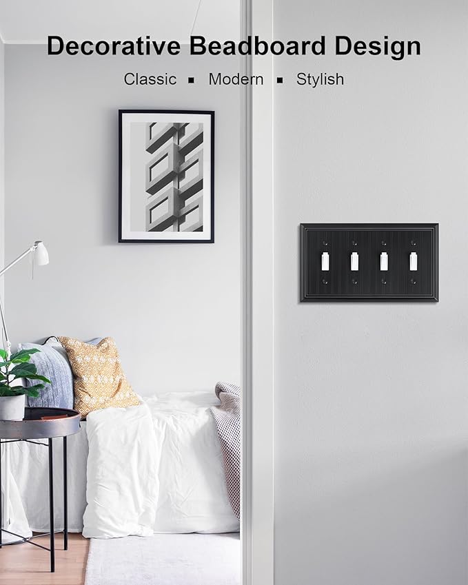2-Pack Classic Beadboard Quad Toggle Light Switch Cover Plate, Black Decorative Switch Plate Covers, Natural Bamboo Fiber 4 Gang Wall Plate for Toggle Switch and Rotary Dimmer Switch