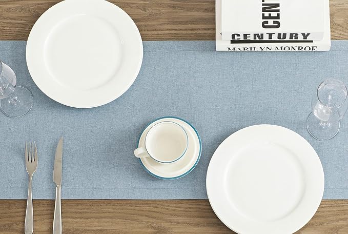 Basic Linen Style Table Runner, 14x90 Inch Chambray Blue | Mitered Corner Design - Image 3