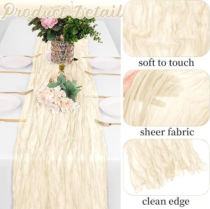 8 Pack Ivory Cheesecloth Table Runners 20x120 Inch Gauze Table Runner 10FT - Image 3
