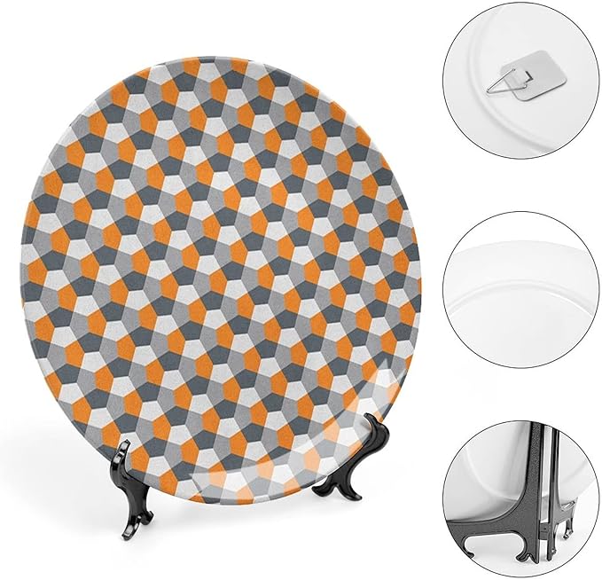 Ceramic Display Plate, Abstract Ceramic Hanging Decorative Plate, Modern Style Mosaic Tile with Hexagonal Shapes, 7 Inch, Living Room Kitchen Decoration Household, Grey Charcoal Grey Orange