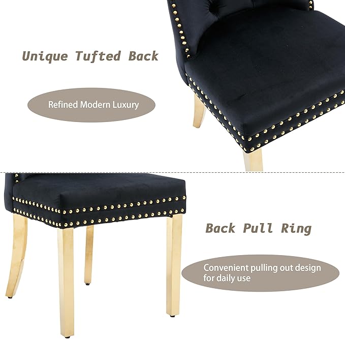 KCC Velvet Dining Chairs Set of 4, Upholstered High-end Tufted Dining Chair with Nailhead Back Ring Pull Trim Stainless Steel Legs, Contemporary Nikki Collection Modern Style for Kitchen, Black