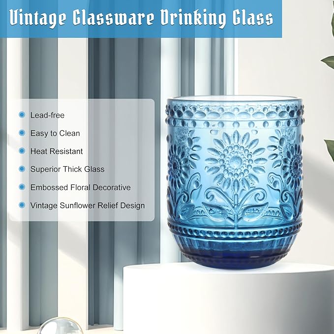 Topsky Vintage Drinking Glasses Set of 4,12oz Drinkware Set,Blue Glass Cups Wine Glasses Colored Glassware for Whisky,Beer,Juice,Cocktail,Heavy Duty