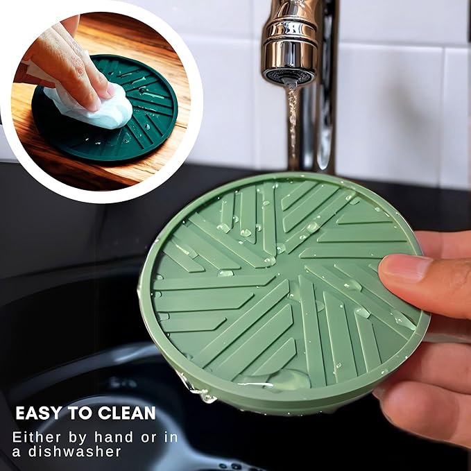 Silicone Coasters Set of 6 with Holder - Unique and Modern Pattern for Prevent Sticking from Cups Coffee Table, Home, Office, bar Decor, Sage Green
