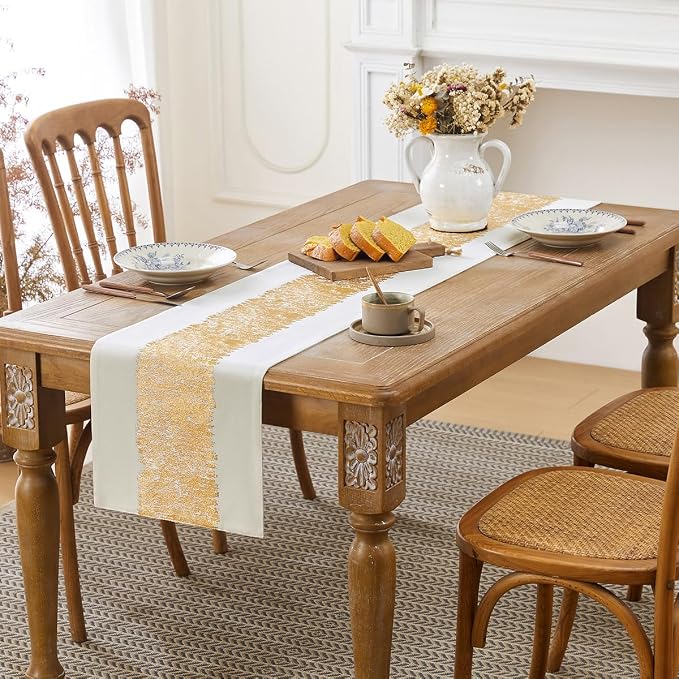 Metallic Style Gold Table Runner, Table Runners 48 Inches Long | Cotton Linen - Image 2