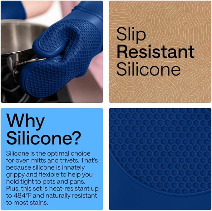 GORILLA GRIP BPA-Free Soft Silicone Oven Mitts and Pot Holders Sets of 4, Heat Resistant Waterproof Cooking Gloves, Thick Cotton Lining, Flexible Gripping for Baking Grilling, Kitchen Trivets, Blue