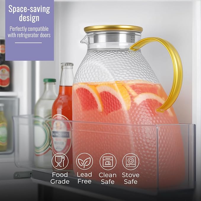 Glass Pitcher With Lid and Spout, 1.8 Liter 60 oz Glass Pitchers With Handle - Image 4