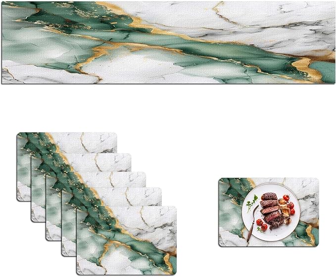 Mcalk Green Marble Table Runner and Placemats Set of 6, Marble Print Placemats, Modern Cloth Place Mats Indoor for Kitchen,Washable Linen Material for Dining Table