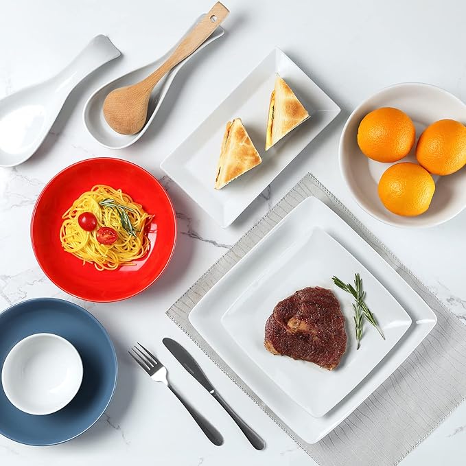 Yedio Porcelain Square Dessert Plates, 8.4 Inch Square Serving Plate for Steak, Pasta, Salad, Snacks, Dessert, Appetizer Plates, Set of 6, White