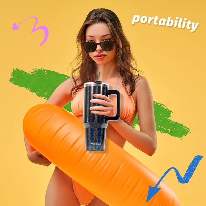40 oz Shiny Tumbler with Handle and Straw, Stainless Steel Tumbler with Lid and - Image 5
